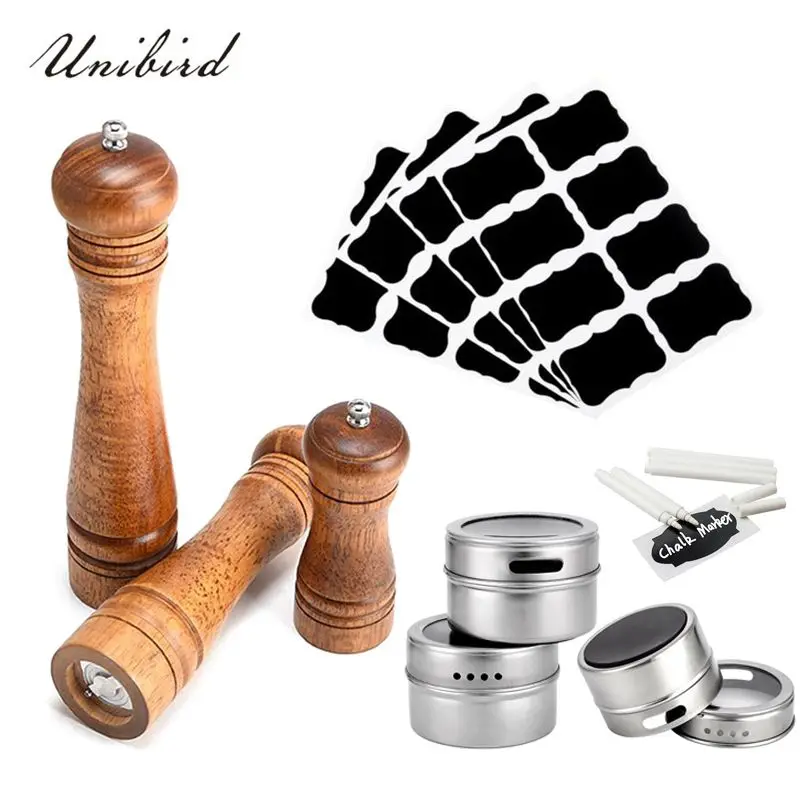 

Unibird Magnetic Spice Jars with Pepper Mill Grinder Kitchen Seasoning Condiment Tool Stainless Steel Salt Shaker Set Container