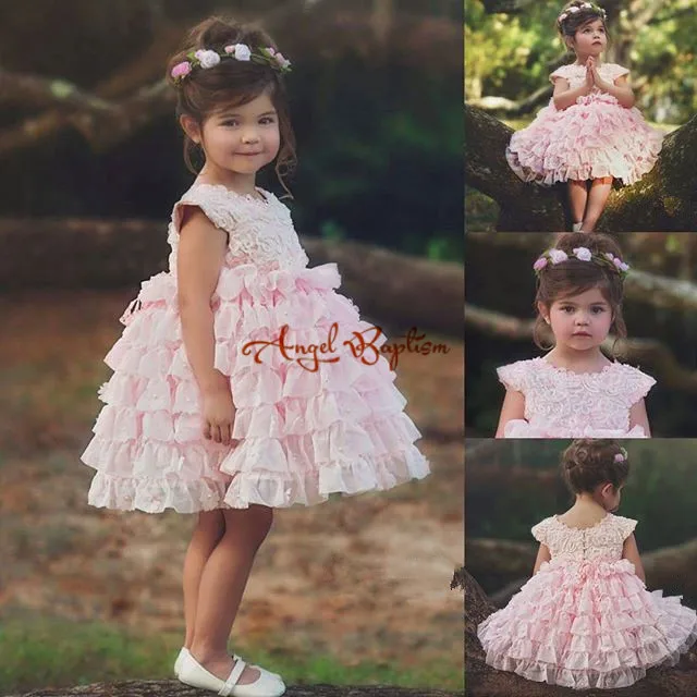 

Short Pink Tiered Lace Flower Girl Dresses for Wedding kids birthday party dress for girls pageant holiday celebration gown