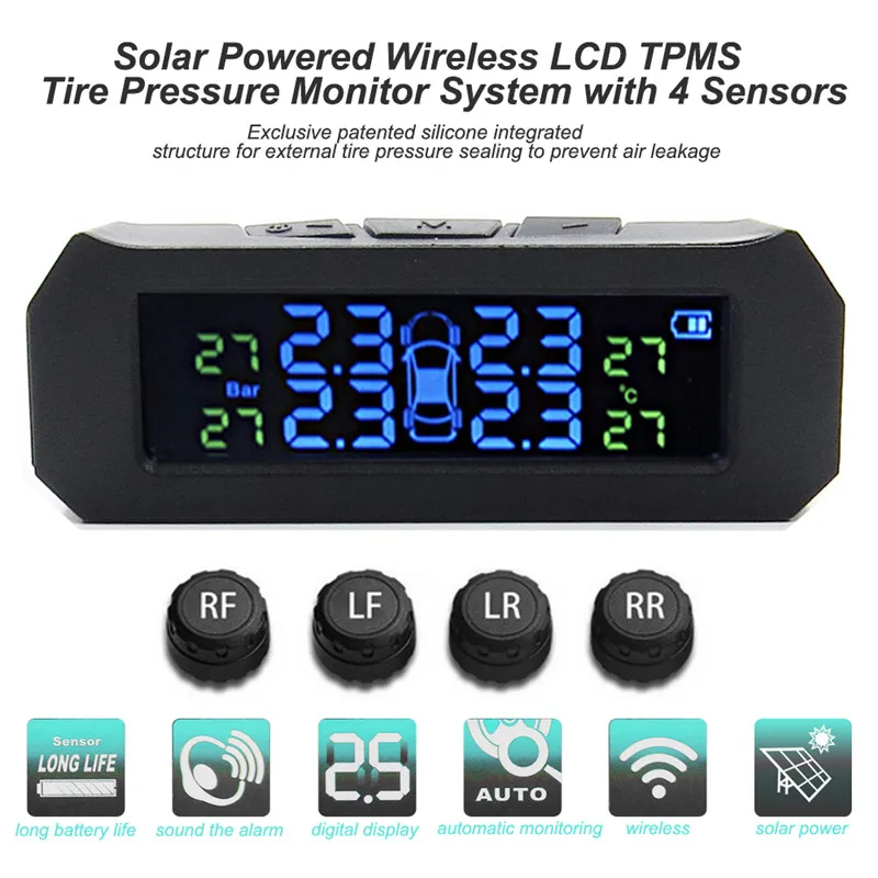 Умный автомобиль TPMS система контроля давления в шинах Солнечная энергия беспроводной цифровой ЖК-дисплей Автоматическая охранная сигнализация с 4 датчиками