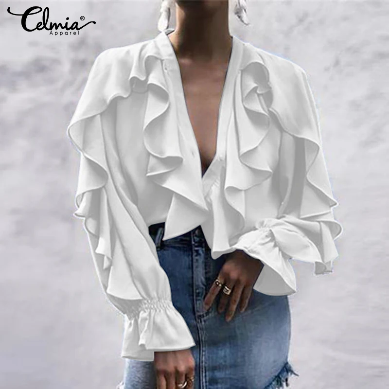 

2019 Summer Tops Women Ruffled Blouse Celmia Sexy V neck Long Sleeve Shirts Female Casual Buttons Street Blusas Plus Size S-5XL
