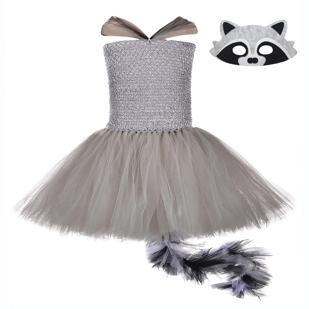 

Kids Rocket Raccoon Super Hero Costume Girls Cartoon Cosplay Tutu Dress with Mask Long Tail Child Movie Quality Raccoon Costume