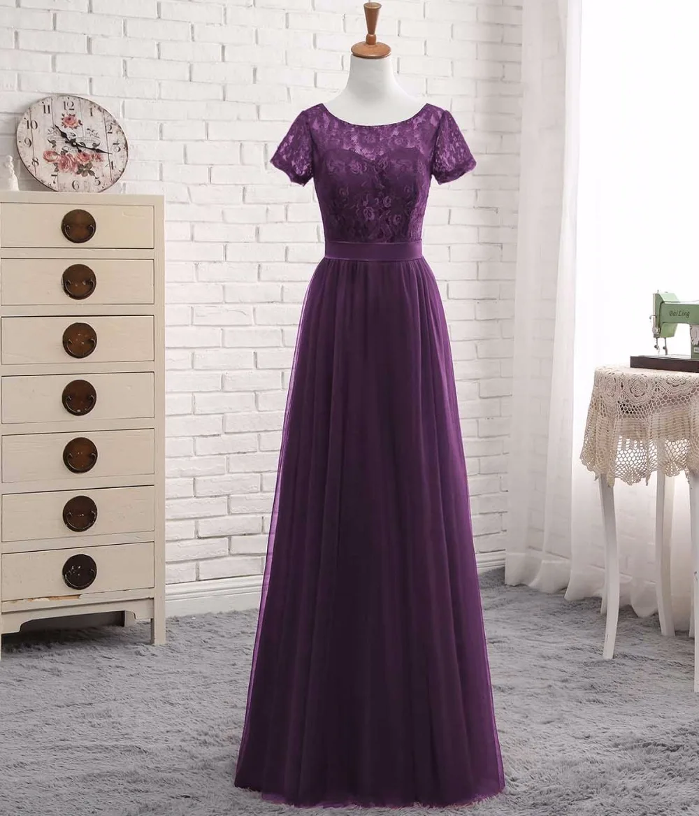 Solovedress элегантный короткий рукав Дешевые линии розовый тюль платье подружки невесты 2018 кружево с поясом vestido de festa longo SLD-PGE027