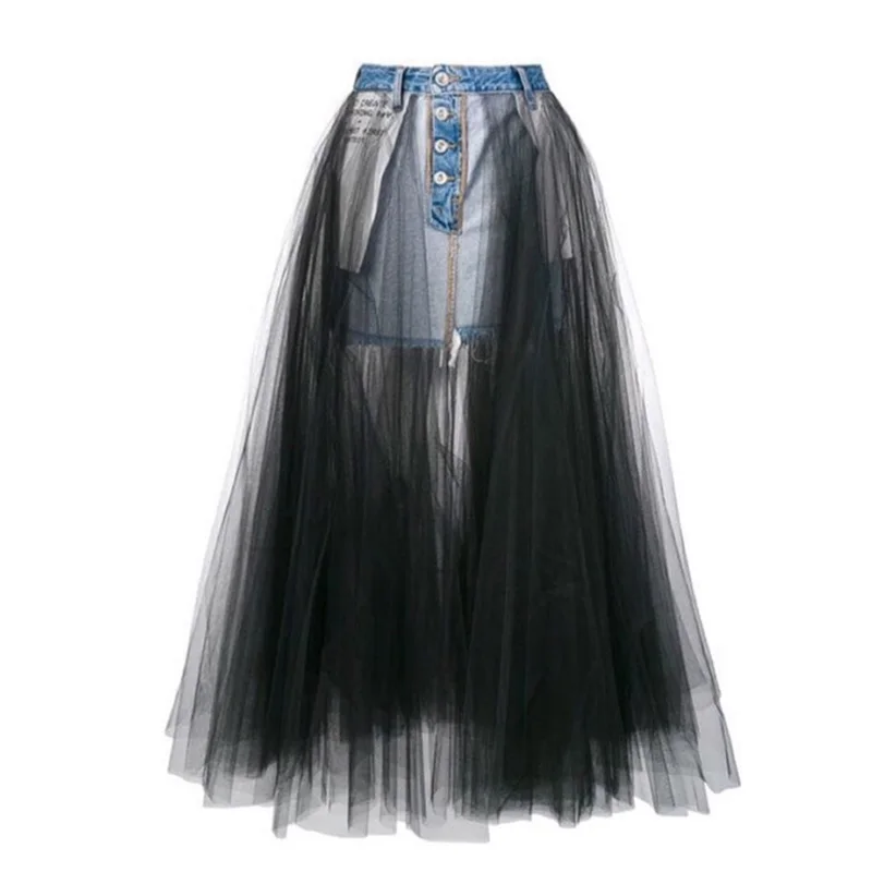 Модные джинсовые Соединенные Черные Сетчатые длинные юбки для женщин s с высокой талией, бальное платье для подиума, Женская Макси Тюлевая джинсовая юбка