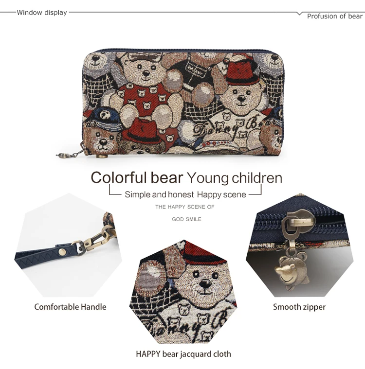 3-DANNY BEAR Original Design Women Wallets Female Casual Canvas Coin Purses Card Houlders Fresh Style Clutch For Teenager Girls