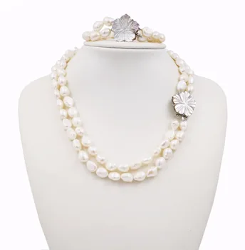 

Freshwater Pearl Baroque Shape 2Rows Shell Flowers Clasp Necklace Bracelet Set
