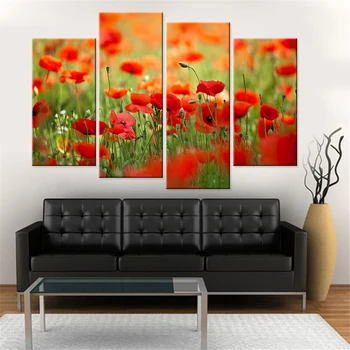 

4 Pcs Modern Canvas Painting Wall Art Print Painting Red Poppies Home Decor Flower Print for Living Room Frameless