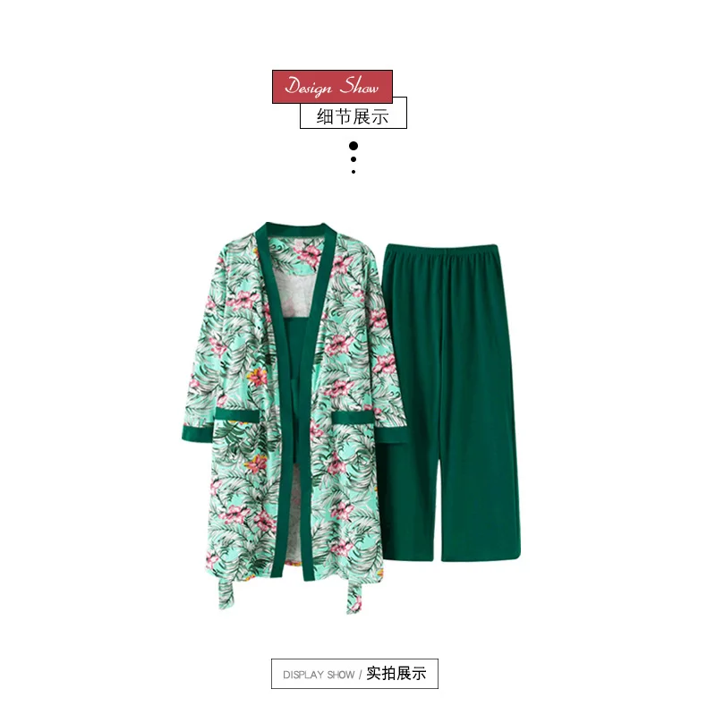 Домашняя одежда для женщин хлопковые пижамы наборы для женщин 3 шт. милые корейские пижамы Xxl Xxxl халат Пижамный костюм зеленый цветочный принт пижамы
