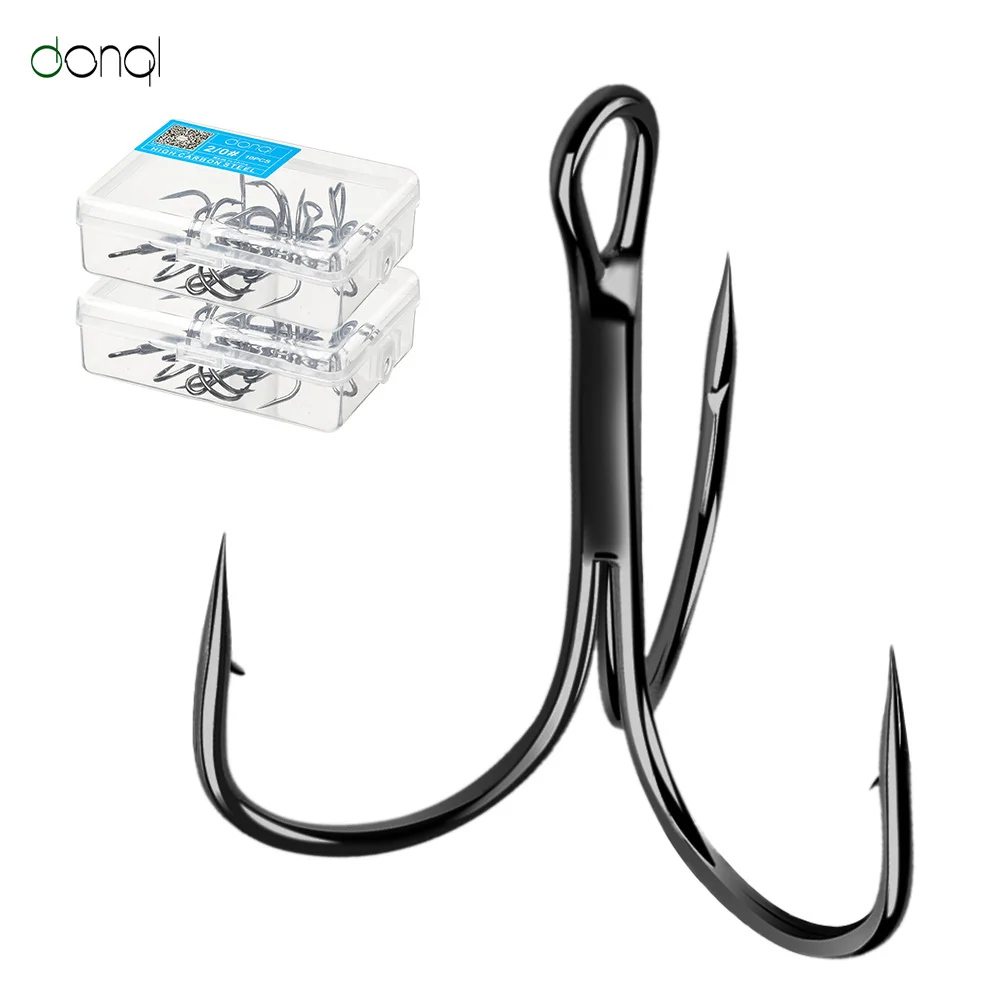 DONQL 10/20pcs/lot High Carbon Steel Fishing Treble Hooks 0#-14# Barbed Black Nickel Triple Fishhooks Lure Fishing Tackle Tools