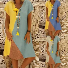 2019 moda mujer verano cuello pico manga corta Daily Vintage Color-Block vestidos gran oferta vestido suelto de lino para señoras gran oferta