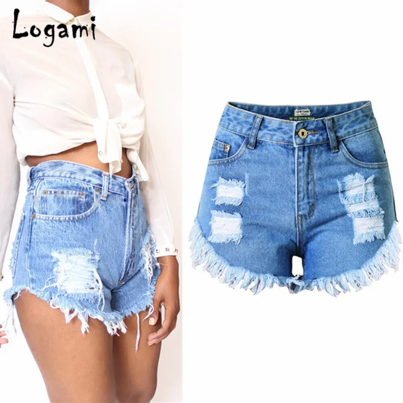 

LOGAMI Ripped Denim Shorts High Waist Irregular Ladies Shorts Casual Summer Jeans Short Women 2018