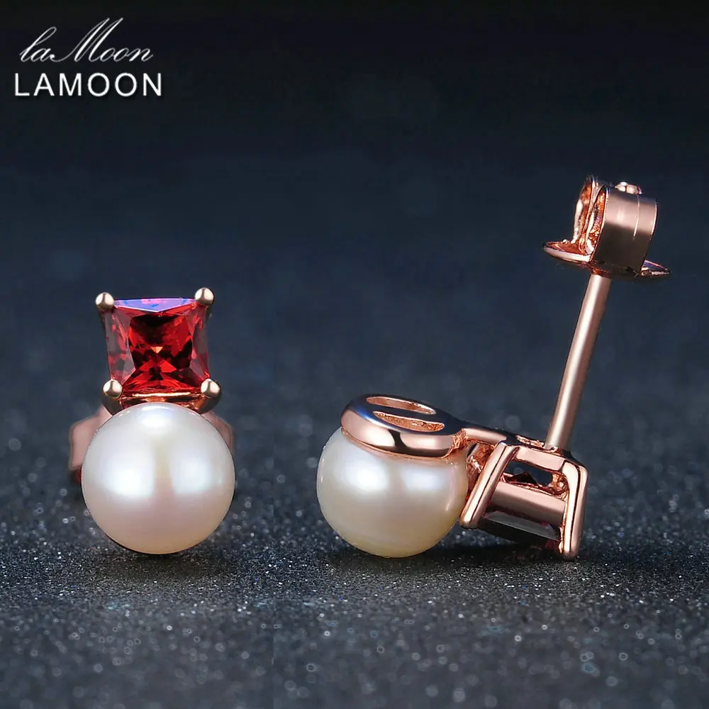 LAMOON 925 sterling-silver-jewelry Earrings For Women Simple Style 100% Natural Red Garnet Freshwater Pearl Earring S925 EI038