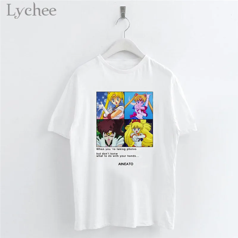 Lychee Harajuku Сейлор Мун мультфильм Печать Женская футболка повседневная с коротким рукавом o-образным вырезом белая футболка женский топ - Цвет: 9