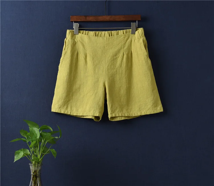 Johnature, стиль, повседневные хлопковые льняные шорты с эластичной резинкой на талии, женские брюки, лето, одноцветные, литературные женские шорты - Цвет: Цвет: желтый