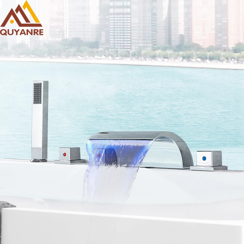 quyanre led bathtub faucet led waterfall bath shower faucet widespread tub sink faucet dual handls hot cold water mixer tap bathroom shower faucet12