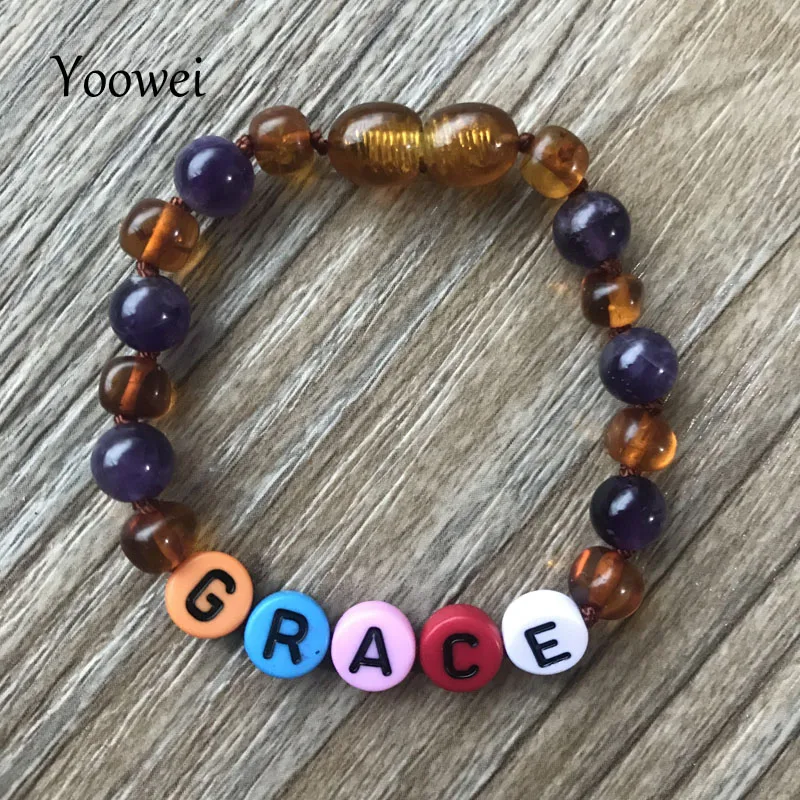 

Yoowei Personalized Baltic Amber Baby Teething Bracelet Anklet with YOUR BABY'S Name Date Unique Gift Custom Jewelry Wholesale