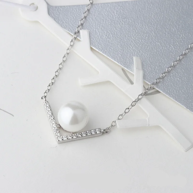 

Geometric V letter zircon white/Gray imitation pearl pendant necklace silver 925 real for women new fashion collar jewelry gift