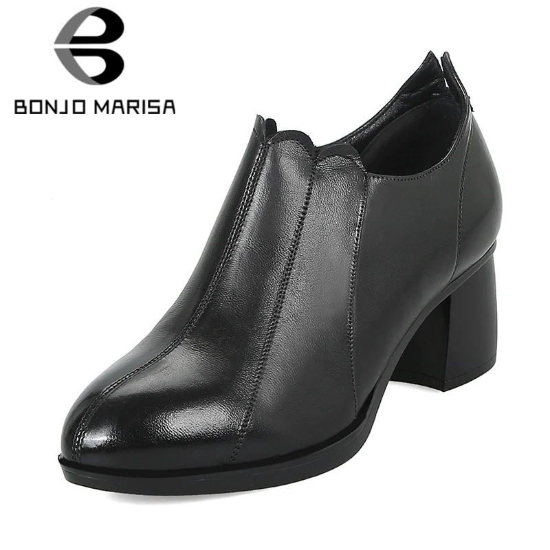 

BONJOMARISA 2020 Genuine Leather Zip Up Platform women's Shoes Lady Elegant Chunky Heels Comfortable Office Shoes Woman Pumps