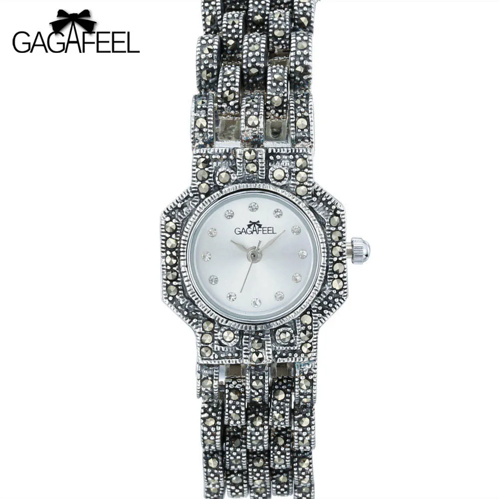 

GAGGAFEEL 100% 925 Sterling Silver Watches Clock for Woman Women Antique Quartz Wristwatch Woman's Thail Silver Clock Hours