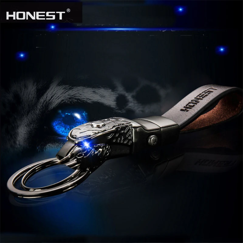 

Brand HONEST first layer of leather keychain LED lights as a high-end small gift gift leopard head key pendant Gift for menKK649