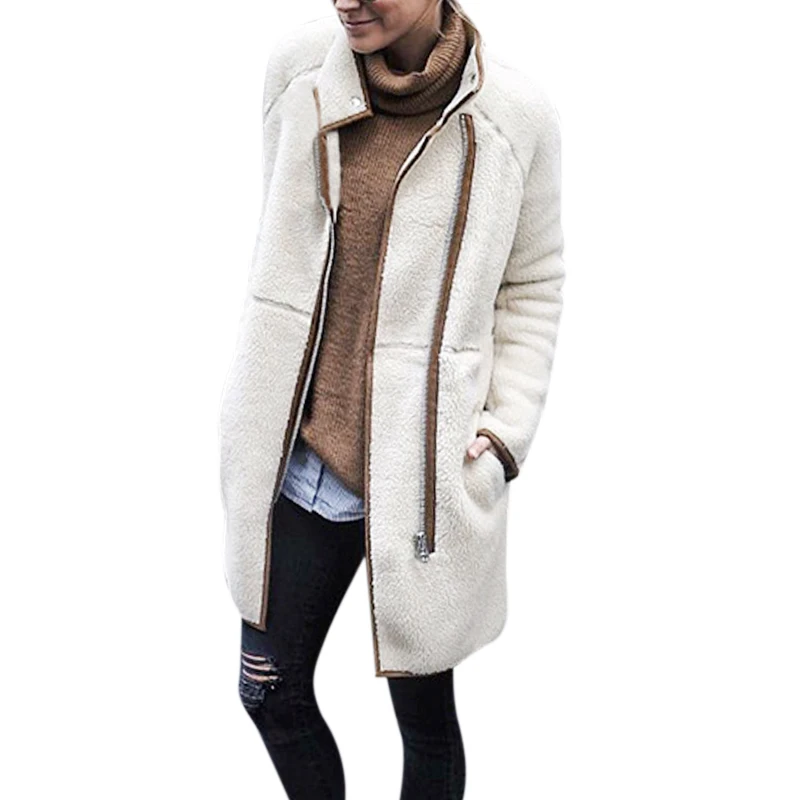 

Fashion Faux Lambswool Zipper Up Oversized Coat Winter Hairly Jacket Women Autumn Stand Collar Warm Outerwear