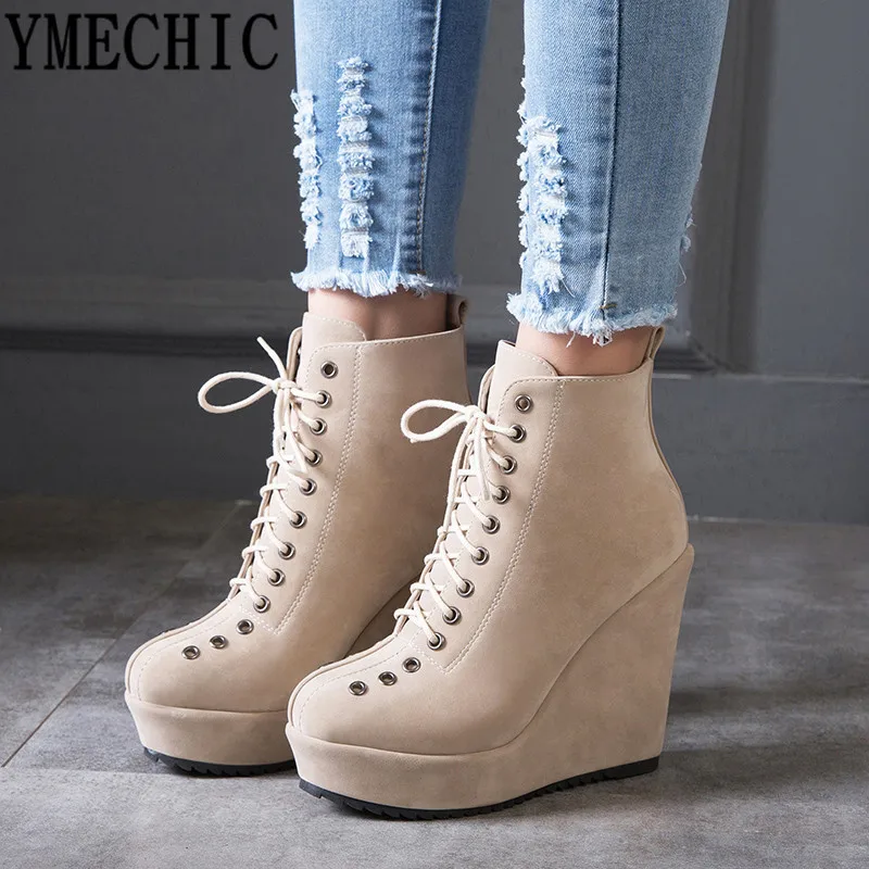 

YMECHIC Gothic Lace Up Ankle Women Boots 2018 Winter Ladies Punk Shoes Red Black Platform Punk Wedge High Heels Combat Boots