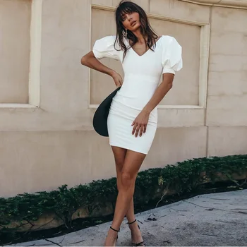 

Newest 2019 Elegant Short Sleeve Summer Dress Women Fashion Puff Sleeve White Black Sexy V-Neck Bodycon Evening Party Vestidos
