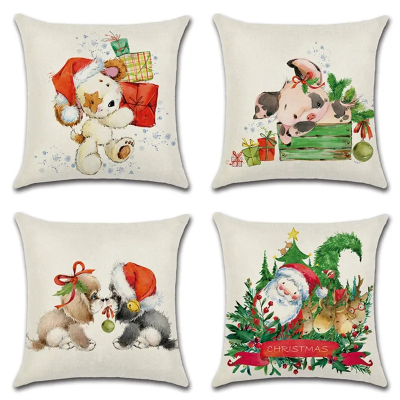 

45x45cm Animal Dog Pig Pattern Chritmas Pillow Cover Linen Pillow Case Santa Claus Print Home Bedroom Office Chair Pillowcase