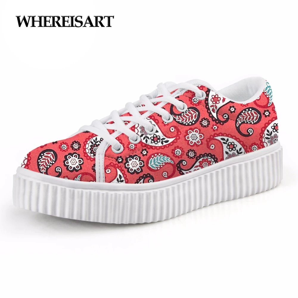 

WHEREISART 2019 Autumn Summer Women Flats Lace up Platform Shoes Fashion Paisley Pattern Ladies Creepers Flat Shoes 6 Colors