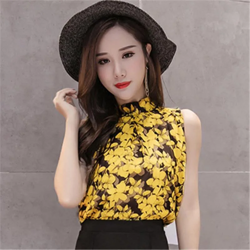 

Women Spring Summer Style Chiffon Blouses Shirts Lady Casual Sleeveless Stand Collar Flower Printed Blusas Tops DF1807