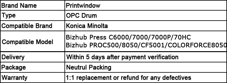 Printwindow Совместимость Копиры Фотобарабаны для KONICA MINOLTA BIZHUB Пресс C6000/7000/7000 P/70hc Pro C500 8050 /cf5001/colorforce80