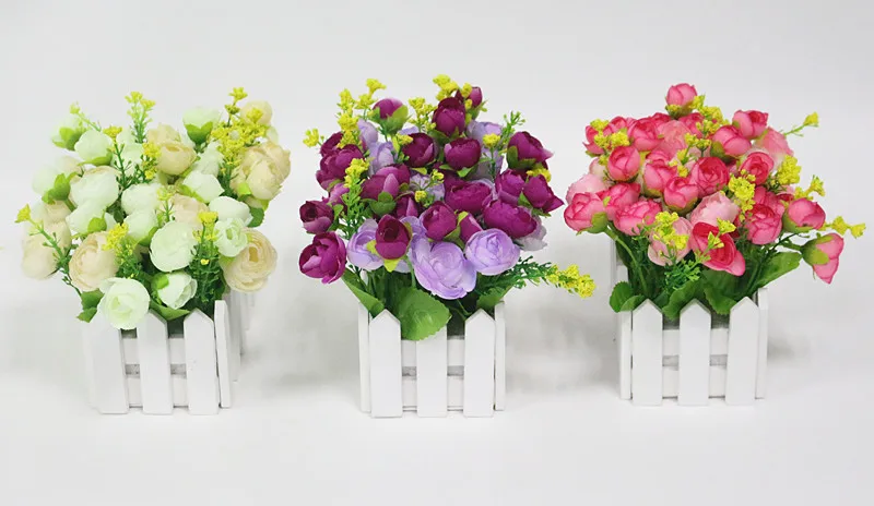  Flone Wedding Decor Artificial Tea Rose Simulation Artificial Flowers Small Potted Plant Fake Rose Set With White Picket Fence (13)