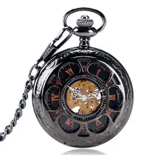 Luxury Black Mechanical Pocket Watches Sun Flowers Skeleton Engraved Hand Wind Fob Clock Men Women Unique Gift 2017