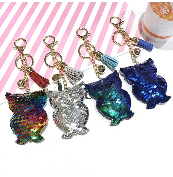 

Glitter Sequins Keychains Keyfobs Rings with Shiny Bling Owl Pendants Tassel Accessories Cute Fashion Gift 2019 Hot