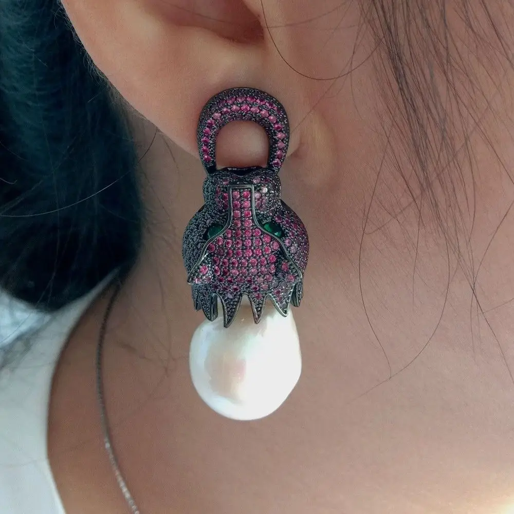 White Keshi Pearl Earrings Gunmetal Red Cz Pave Dragon Earrings