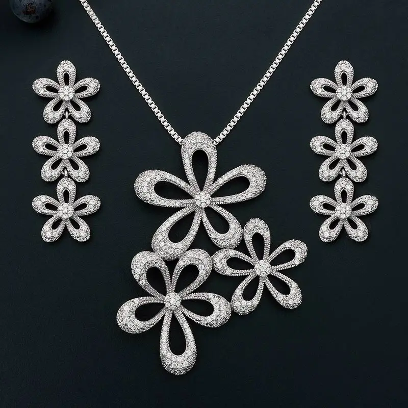 

ModemAngel High Quality Luxury Flowers Luxury Cubic Zirconia Copper Wedding Party Bridal Necklace Pendant And Earring For Women