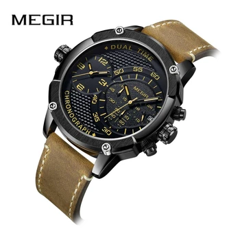 

MEGIR Quartz Watch Men Sport Multi-Function Wristwatch Dual Time Chronograph Luminous Waterproof Auto Date Leather Clock Relogio