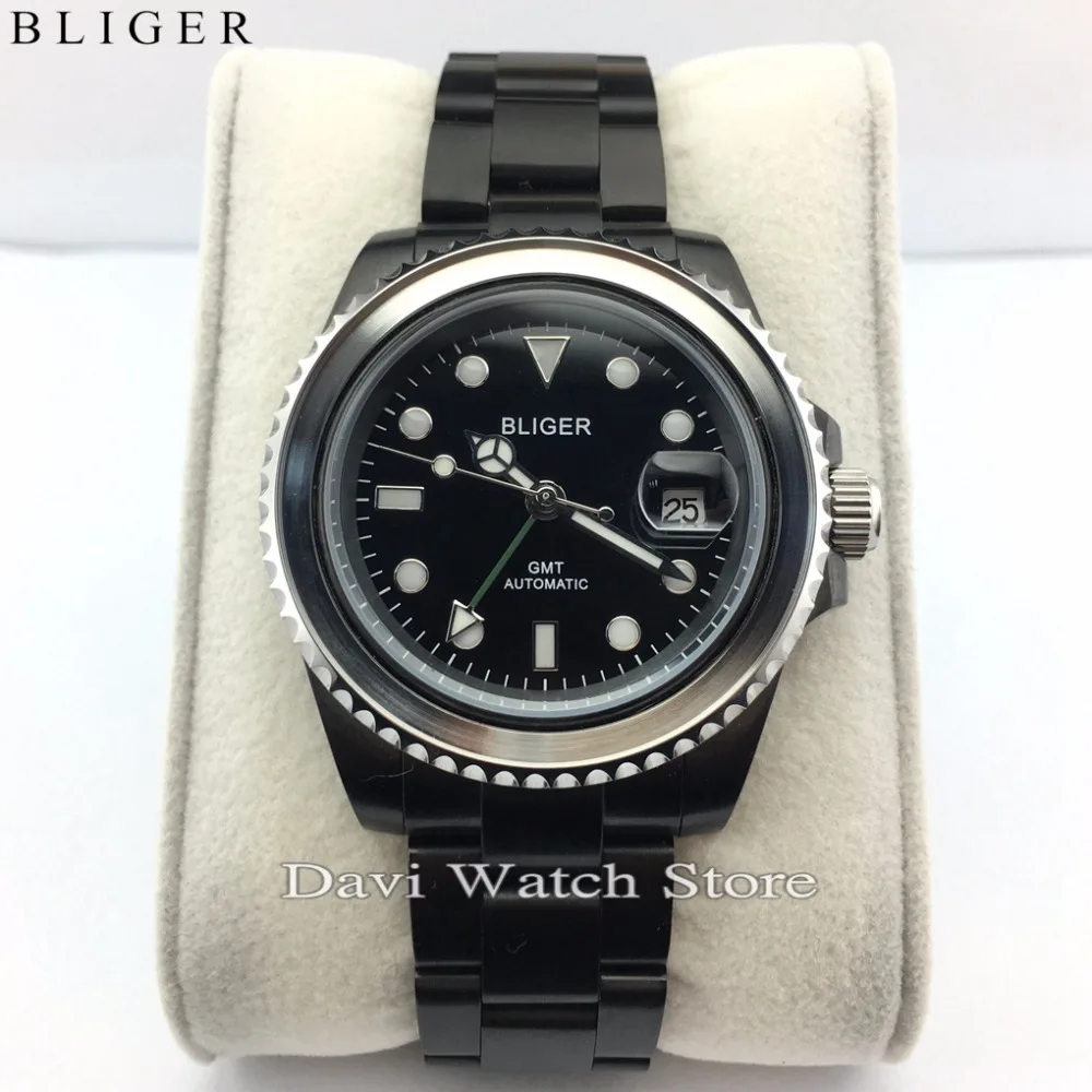 

40mm Bliger Stainless Steel Black Case Band Green Luminous Hands Dial GMT Automatic Men's Watch