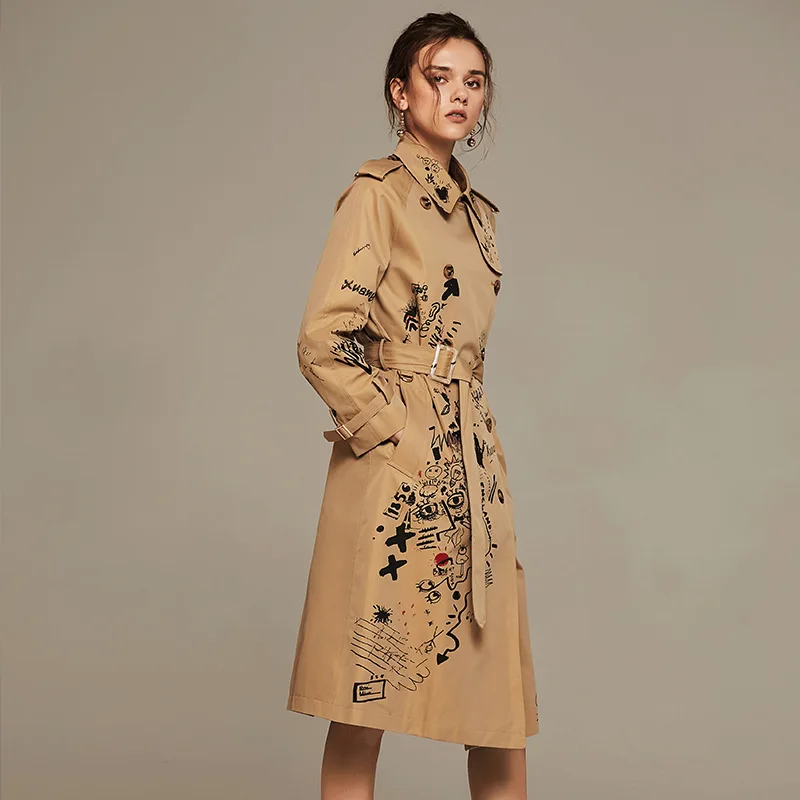 Kopen Wqjgr 2020 Herfst En Winter Trenchcoat Vrouwen Lange Mouw Afdrukken Windjack Geul Femme
