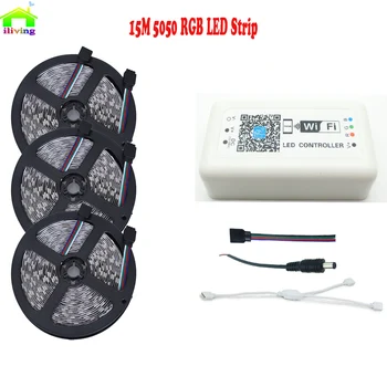 

15M 10M 5M 5050 RGB LED Strip Diode Fita Tape light DC12V With RGB LED IOS Android Smart WiFi Controller No Power Supply