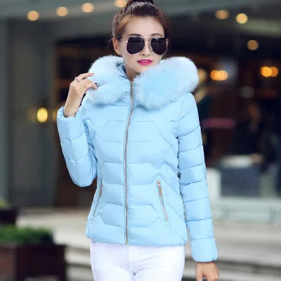 Зимнее женское пальто, модное, одноцветное, на молнии, короткое, женский пуховик, хлопковая куртка, женские пальто с капюшоном, теплая верхняя одежда - Цвет: Blue