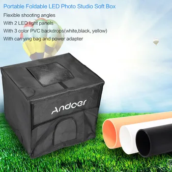 

Andoer 60*55*55cm Foldable Photography Studio LED Light Tent Kit Softbox w/2 Light Panels 3 Color Backdrops Carrying Bag