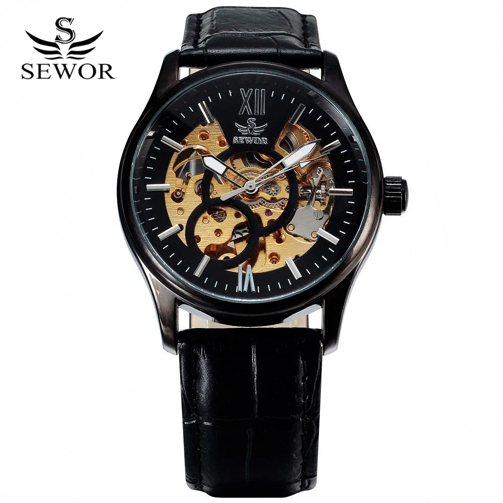 

2016 SEWOR Brand Design Leather Skeleton Man Male Sport Clock Business Automatic Mechanical Self Wind Fashion Wrist Luxury Watch