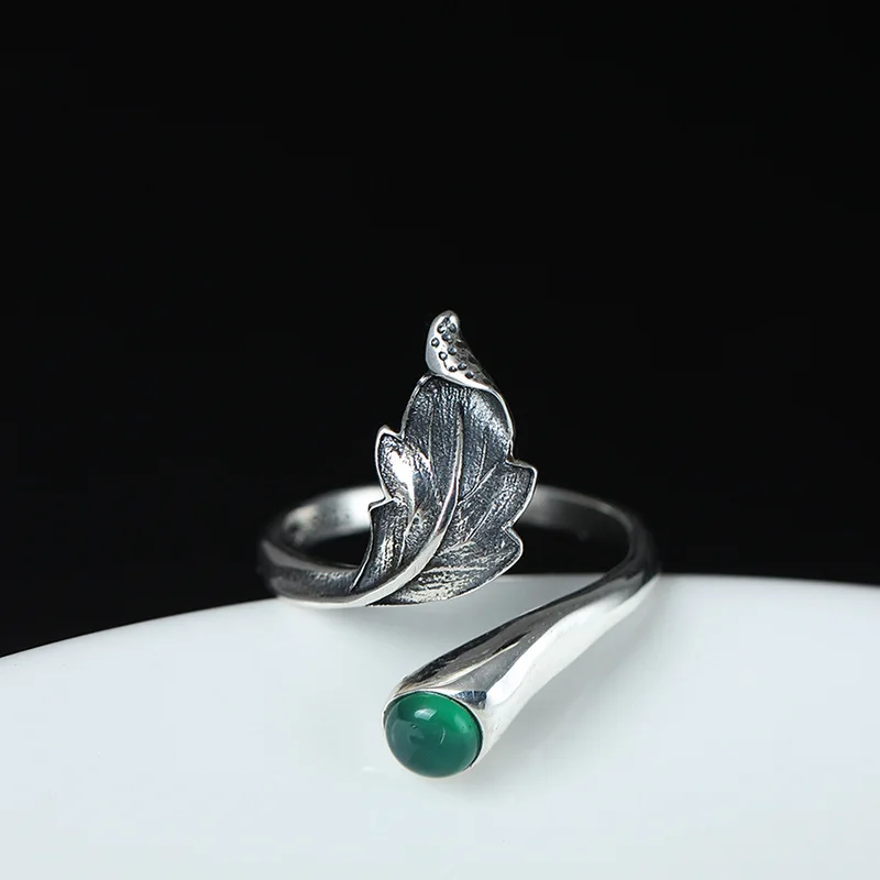 Amxiu Green Chalcedony Leave Ring Vintage Antique Silver Ring S925 Silver Jewelry Open Rings For Women Mother's Gift Accessories