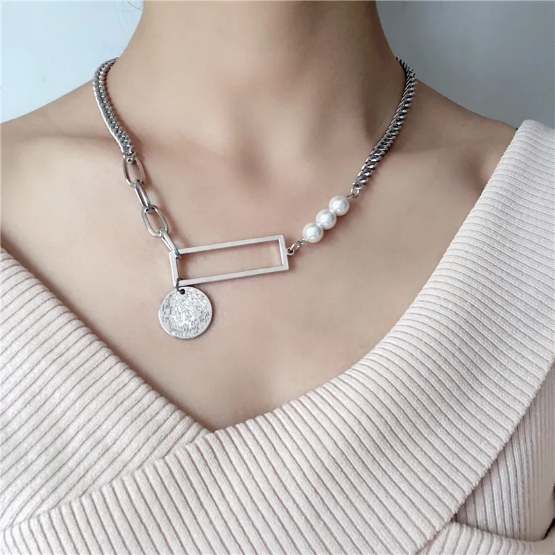 

JCYMONG New Cool Style Silver Color Sneak Chian Choker Necklace For Women Fashion Simulated Pearls Coins Pendant Necklaces 2019