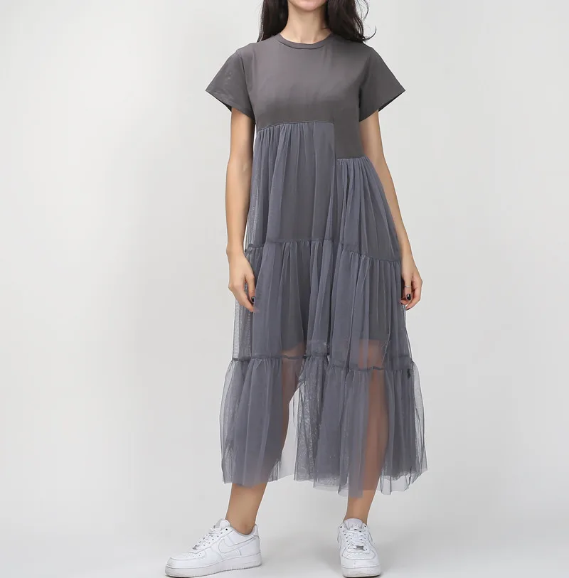 TWOTWINSTYLE Лето Корейский сплайсинга плиссированные тюль футболка платье для женщин большой размер черный серый цвет одежда новая мода