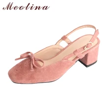 Meotina/женские туфли-лодочки на Высоком толстом каблуке с ремешком на пятке г. весенние туфли с пряжкой и бантом женская повседневная обувь розового цвета, большие размеры 44