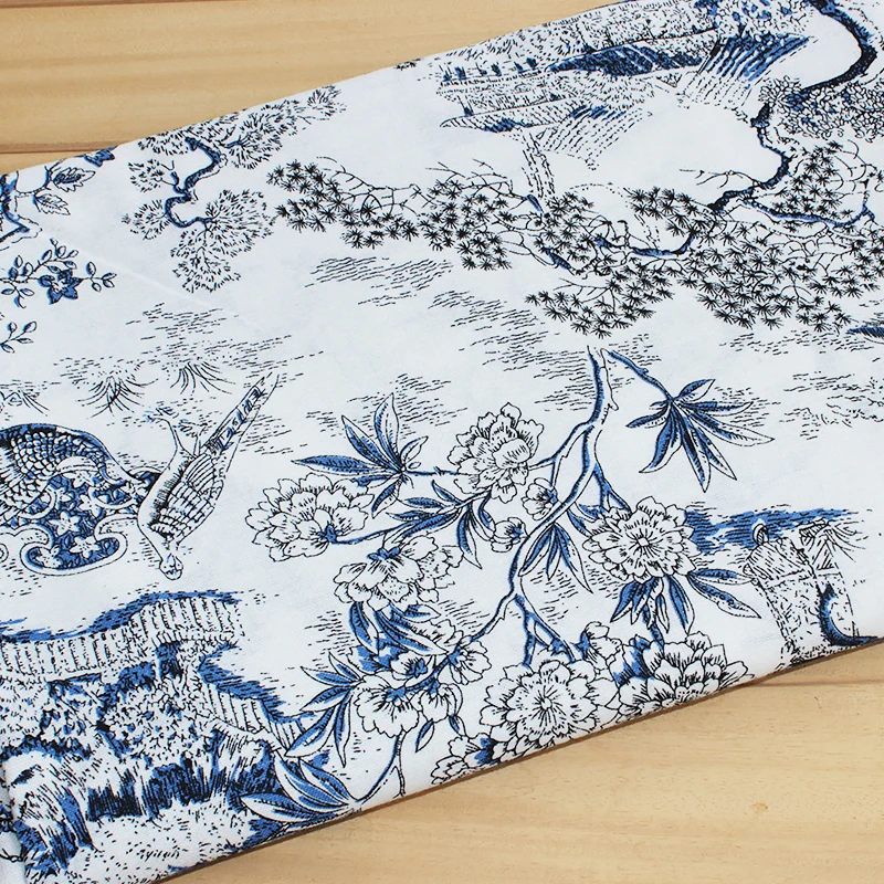 

Spring and summer cotton and linen material blue and white porcelain cheongsam dress clothing Chinese decorative printing