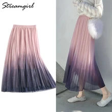 Тянущаяся плиссированная юбка с градиентом, Тюлевая юбка макси, Женская сетчатая юбка с высокой талией, Женская фатиновая юбка, розовые летние юбки для женщин s