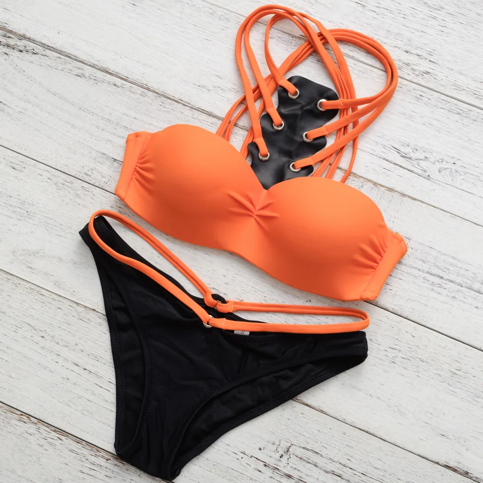 Naranja alto cuello bikini mujeres bañadores brasileño Conjuntos de