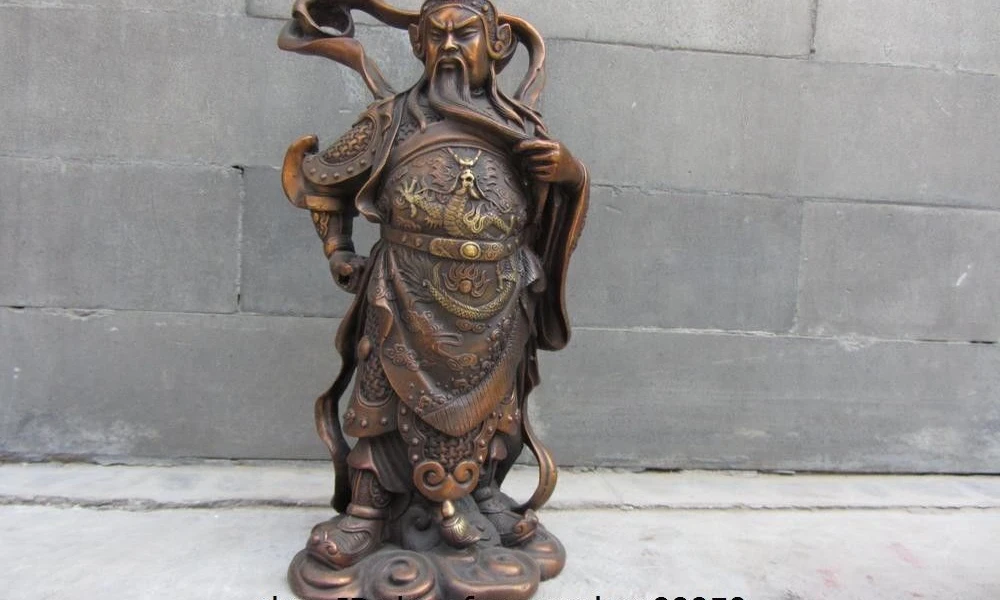 

Chinese Red Copper Bronze Dragon Stand Guan Gong Guan Yu Warrior Buddha Statue